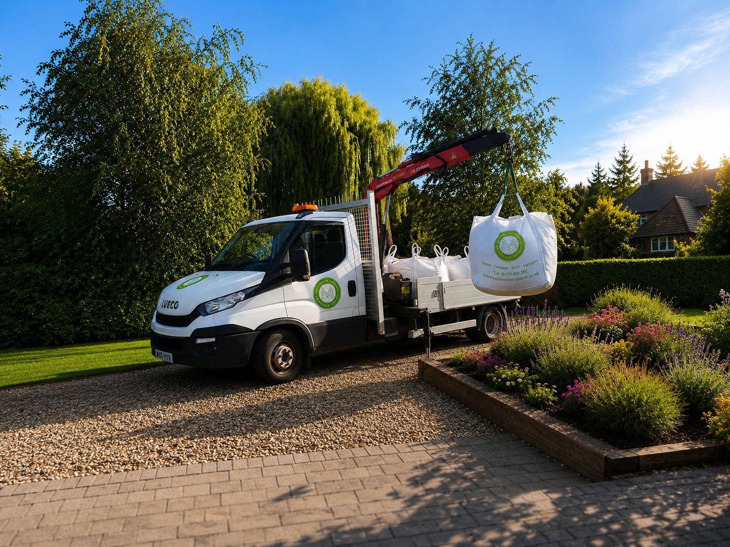 Mole Valley Topsoils HIAB delivery truck placing a bulk bag